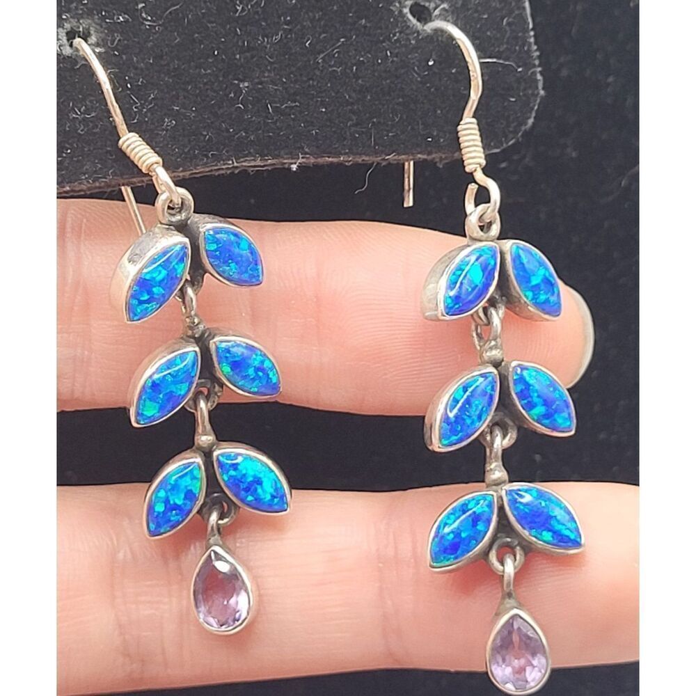 Artisan Sterling Silver Opal Amethyst Leaf Cluster Dangle Drop Earrings 2.5in - Picture 2 of 6